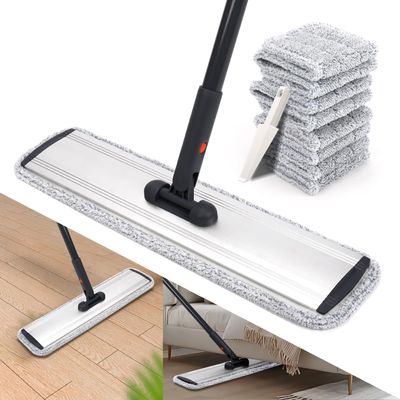 Professional Microfiber Mop, 46 cm, Large Flat for Floor Cleaning, 4 Reusable Washable Mop Pads, Hardwood Cleaning System, Wet and Dust, with 155 cm Long Stainless Steel Handle