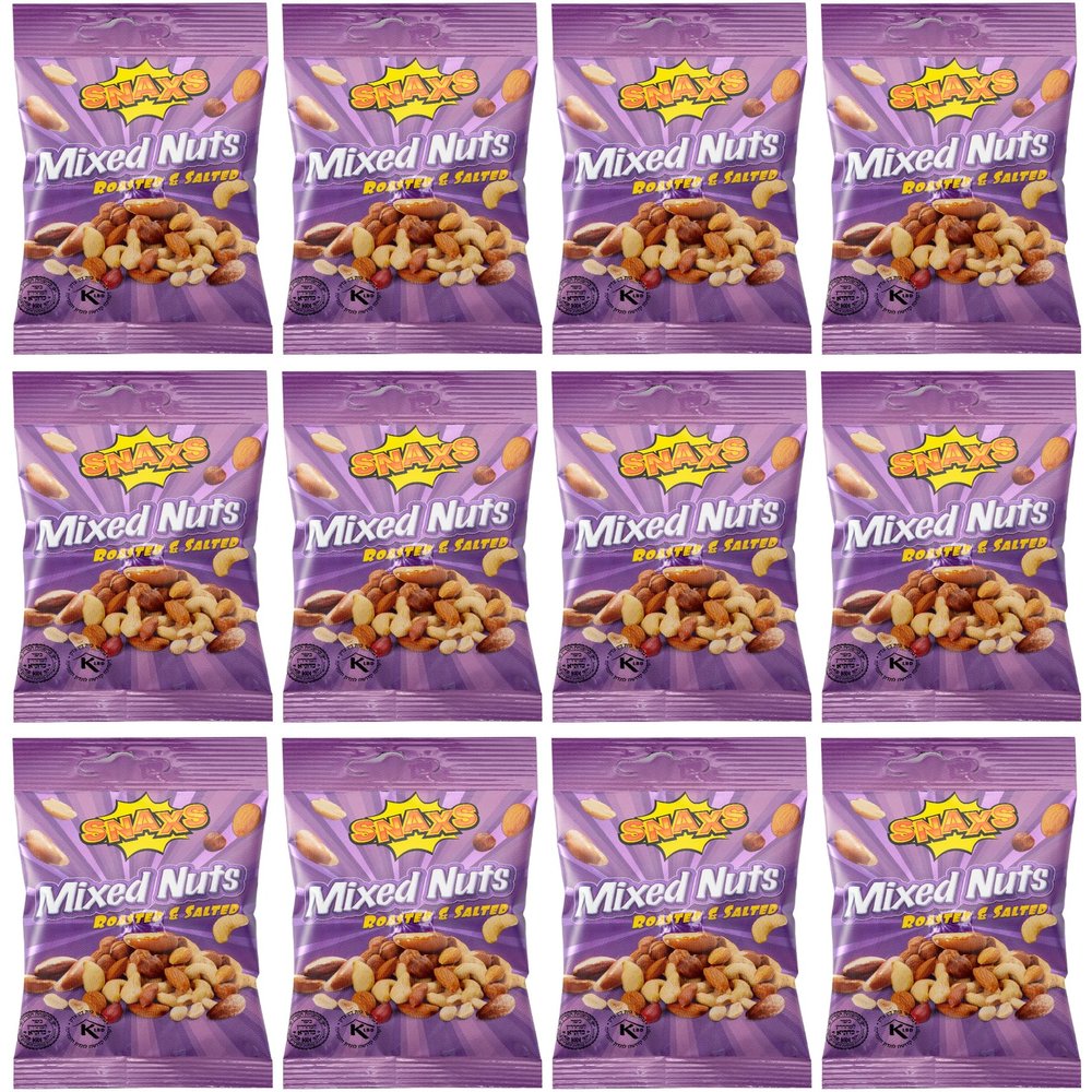 Snaxs Roasted Salted Mixed Nuts 12 x 40g - Almonds, Brazil, Cashews, Peanuts & Hazelnuts - Healthy Kosher Snack with Fibre, Protein & Minerals - Ideal for Snacking
