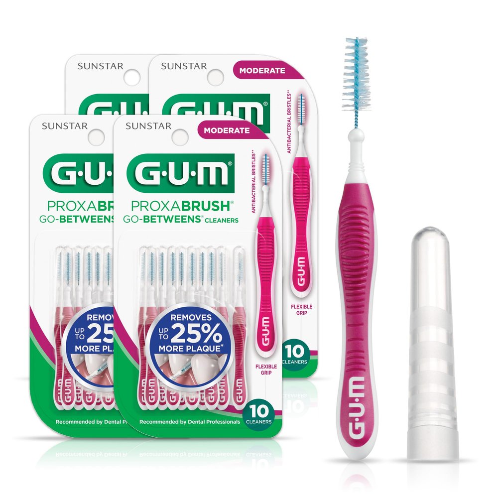 GUM Proxabrush Go-Betweens - Moderate, Interdental Brushes Between Teeth, Dental Picks for Plaque Removal, Safe for Braces & Dental Devices, 10ct (4Pk)
