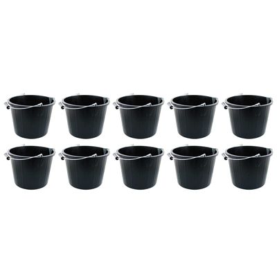 10 x 14L Litre Strong Plastic Builders Bucket 3 Gallon Multipurpose Storage Bucket Construction Bucket With Metal Handle & Spout For Cleaning Animal Feed Mixing Home & Garden Made in UK (Black)