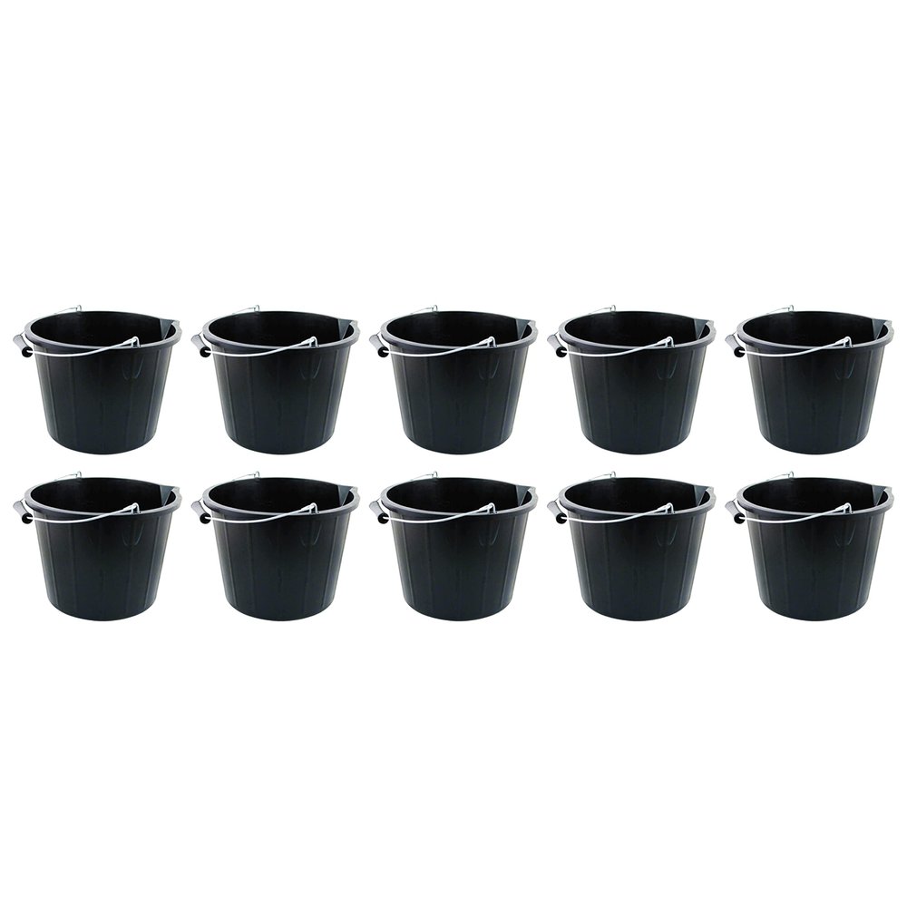 10 x 14L Litre Strong Plastic Builders Bucket 3 Gallon Multipurpose Storage Bucket Construction Bucket With Metal Handle & Spout For Cleaning Animal Feed Mixing Home & Garden Made in UK (Black)