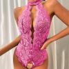 NOAGENJT Lingerie For Women Sexy Naughty Crotchless Latex Sex/Play With Cuffs Lace Front Closure Babydoll V Neck Nightwear Chemise Nightie view 4