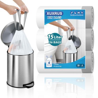 XUXRUS 15L Small Bin Liners with Drawstring Bin Bags With Tie Handles Pedal Bin Trash Bags Wastebasket Liners for Bathroom Kitchen Office Bedroom White, 36 Counts