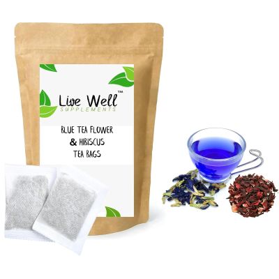 BLUE TEA FLOWER Herbal Tea Bags (Unbleached Tea Bags) Premium Quality! Available in 30+ Varieties (Blue Tea & Hibiscus, 25 Tea Bags)