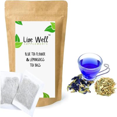 BLUE TEA FLOWER Herbal Tea Bags (Unbleached Tea Bags) Premium Quality! Available in 30+ Varieties (Blue Tea & Lemon Grass, 10 Tea Bags)