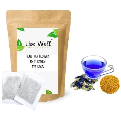 BLUE TEA FLOWER Herbal Tea Bags (Unbleached Tea Bags) Premium Quality! Available in 30+ Varieties (Blue Tea & Turmeric, 25 Tea Bags)