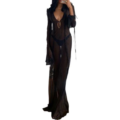 Koitniecer Crochet Maxi Dress Cover Ups for Women Y2K Long Sleeve Knitted Hollow Out Maxi Dress Sexy See Through Beach Maxi Dress (Sheer Mesh-Black, M)