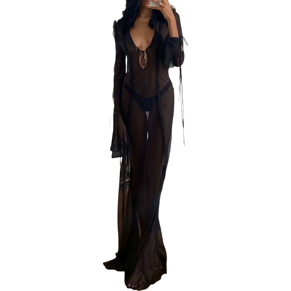 Koitniecer Crochet Maxi Dress Cover Ups for Women Y2K Long Sleeve Knitted Hollow Out Maxi Dress Sexy See Through Beach Maxi Dress (Sheer Mesh-Black, M)