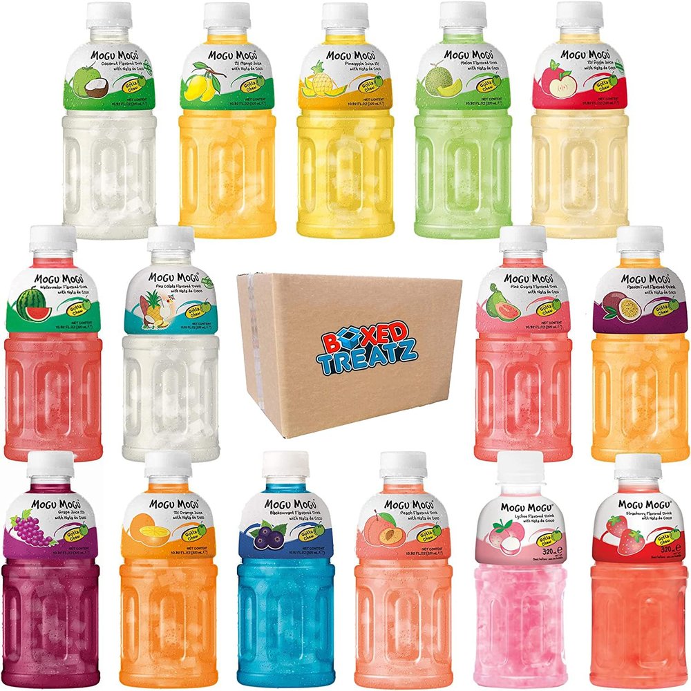 Mogu Mogu Flavored Drinks 12 Pack With 6 Assorted Flavours 320ml - Nata De Coco Juice - Jelly Texture - Refreshing Taste - Fun Drinking During Hot Summers Or Take Them On Trip & Picnics Boxed Treatz