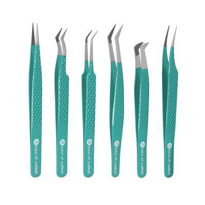 Abdul of Sialkot Fiber Tips Volume Tweezers for Eyelash Extensions, Set of 6,Volume Boot, Made with Perfection Micro Tip (6 Piece Set (Sky Green)