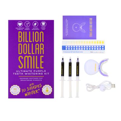 Billion Dollar Smile LED Teeth Whitening Kit - Ultimate Purple Pap Peroxide Free Teeth Whitening Solution - Fast Results Up to 10 Shades Lighter (Complete Kit)