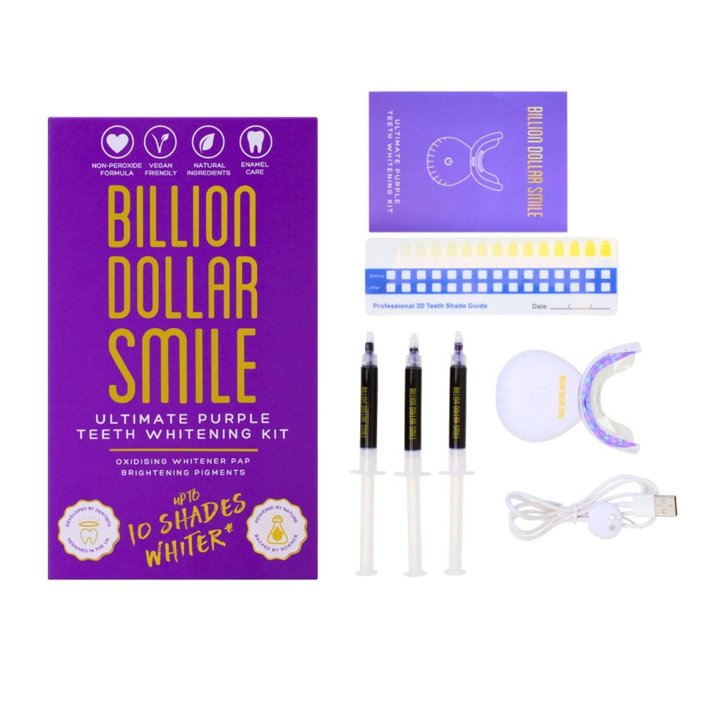 Billion Dollar Smile LED Teeth Whitening Kit - Ultimate Purple Pap Peroxide Free Teeth Whitening Solution - Fast Results Up to 10 Shades Lighter (Complete Kit)