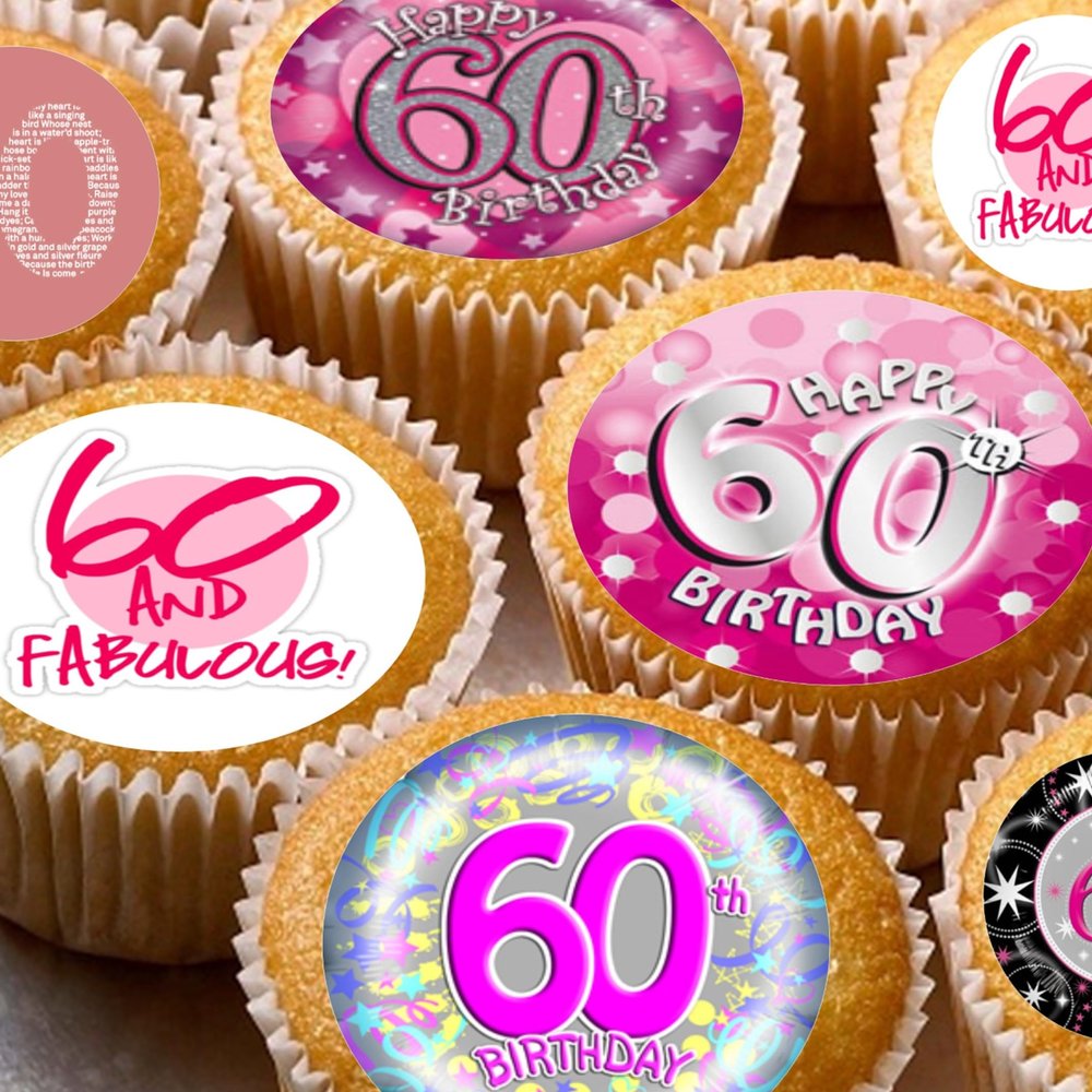 24 edible 60th birthday party pink Cupcake Cake Toppers Wafer Rice Paper precut decoration