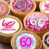 24 edible 60th birthday party pink Cupcake Cake Toppers Wafer Rice Paper precut decoration view 1