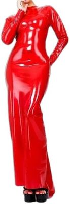 ANTIY Black Long Sleeves Sexy Latex Dress with High Collar Zipper Back Rubber Gown Bodycon Playsuit,Red,Large