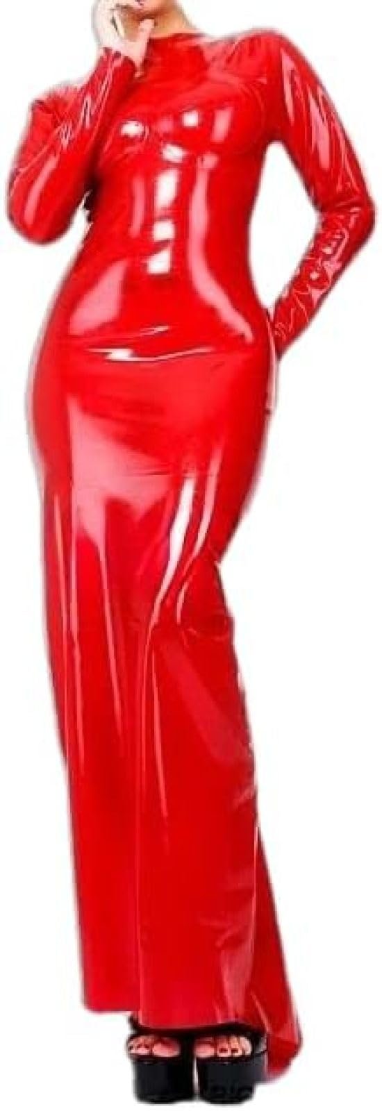 ANTIY Black Long Sleeves Sexy Latex Dress with High Collar Zipper Back Rubber Gown Bodycon Playsuit,Red,Large