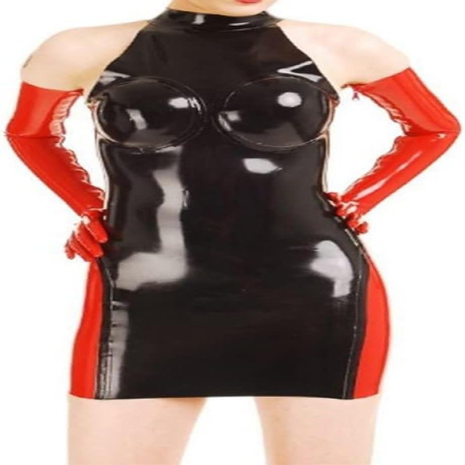 ANTIY Red and Black Sexy Latex Dress with Back Zipper Glued Breasts Rubber + Gloves,Custom Color,Medium