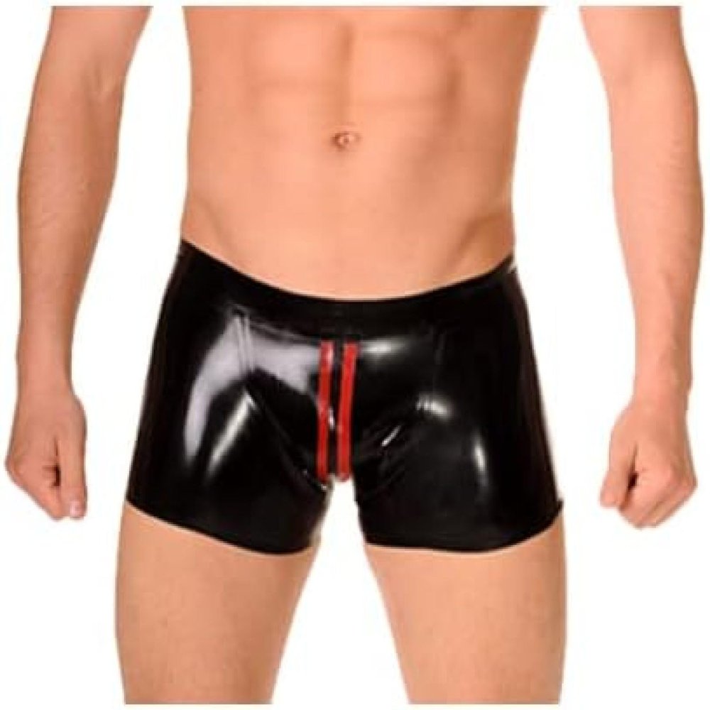 ANTIY Latex Rubber Black Men's Shorts Red Embellishment Party Role Play Pool Beach Hand Customized 0.4mm,Black+red,X-Small