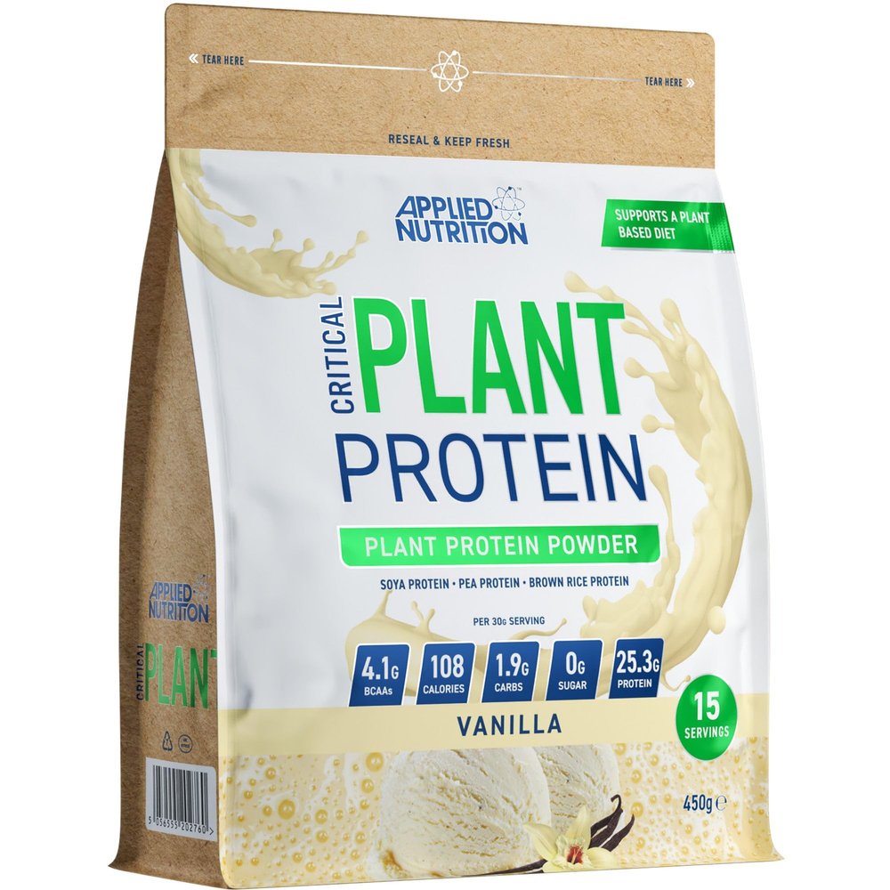 Applied Nutrition Plant Protein Powder  Critical Plant Vegan Protein Shake with SOYA, Pea, Brown Rice Proteins & Essential Amino Acids - Dairy-Free Gym Supplement (450g - 15 Servings) (Vanilla)