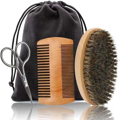 Beard Comb Brush Set with Beauty Trimming Scissors, Wooden Boar Bristle Beard Brush, Anti Static Moustache Pocket Comb, Portable Hair Comb for Combing Beard Hair, Removing Debris, Massages Face