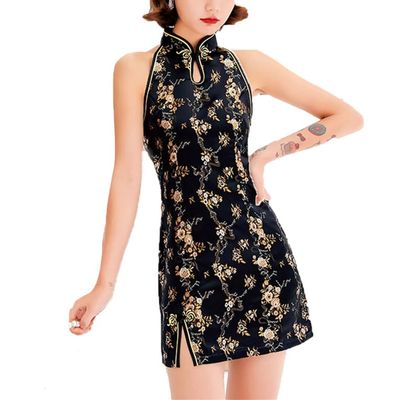 AllMonyba Sexy Backless Traditional Chinese Qipao Dress Short Halter Sleeveless Cheongsam Dresses