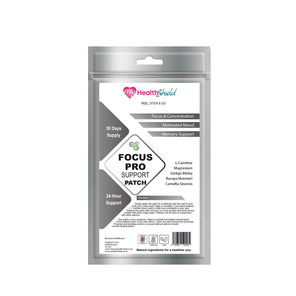 Focus Pro Support Topical Patches. Clear Brain Fog. Strong Focus, Memory, Motivation & Energy. 8 Hour Boost.