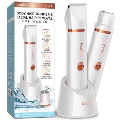 Electric Bikini Trimer Shaver Women: 2 in 1 IPX7 Waterproof Wet & Dry Use Body Hair Trimmer and Facial Hair Remover - Rechargeable Hair Removal Kit for Bikini Underarm Leg Arm Face (Pearl White)