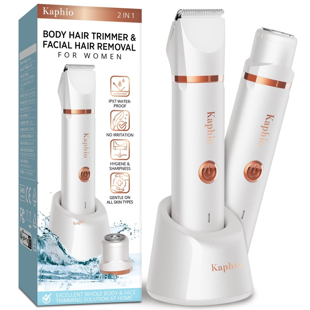 Electric Bikini Trimer Shaver Women: 2 in 1 IPX7 Waterproof Wet & Dry Use Body Hair Trimmer and Facial Hair Remover - Rechargeable Hair Removal Kit for Bikini Underarm Leg Arm Face (Pearl White)