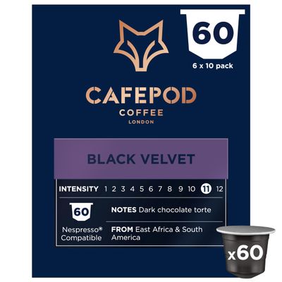 CafePod Lungo Coffee Pods - Compatible with Nespresso Coffee Machine, Intensity 11 with the Bold Smooth Flavour of Dark Chocolate - Rainforest Alliance Sourced - Black Velvet 60 Capsules