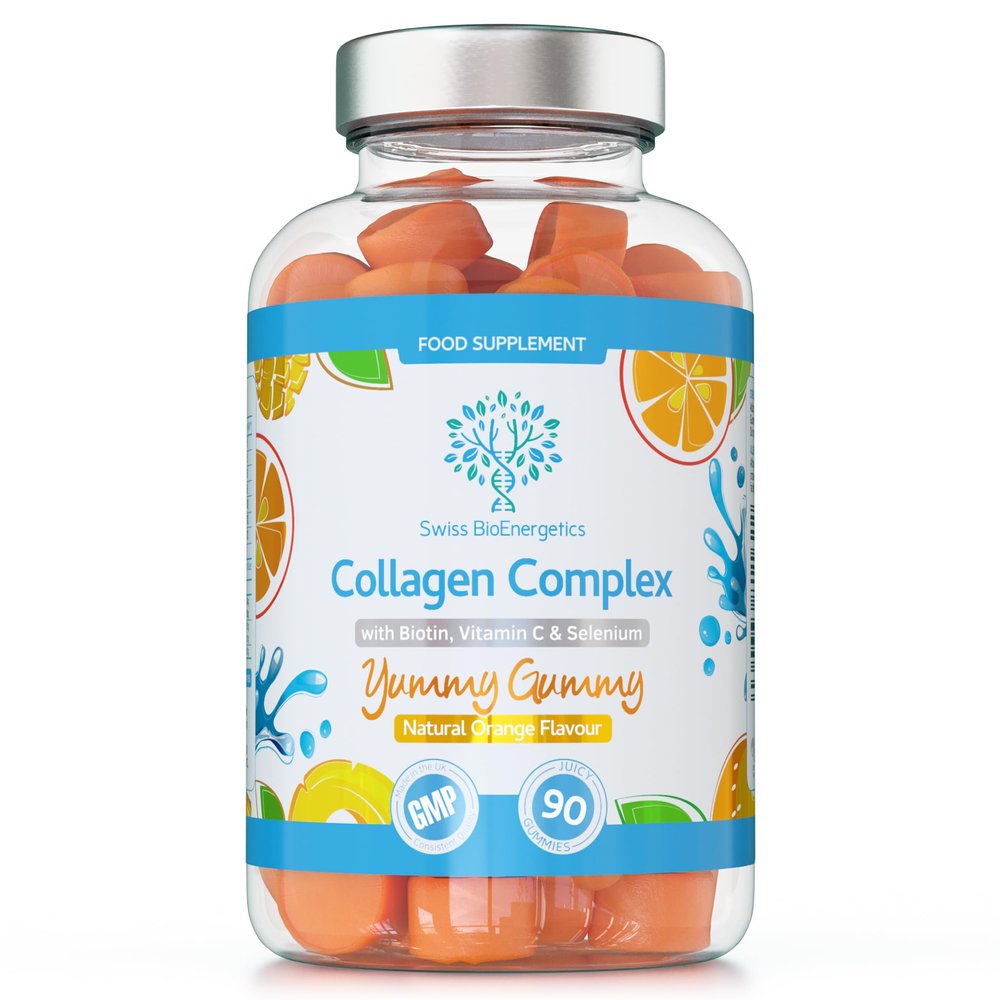 Collagen Complex - 90 Natural Orange Flavour Chewable Yummy Gummies - One a Day 500mg Bovine Collagen, Biotin, Vitamin C, Selenium, Vits B6 and B12  Healthy Skin and Hair for Men and Women  UK Made