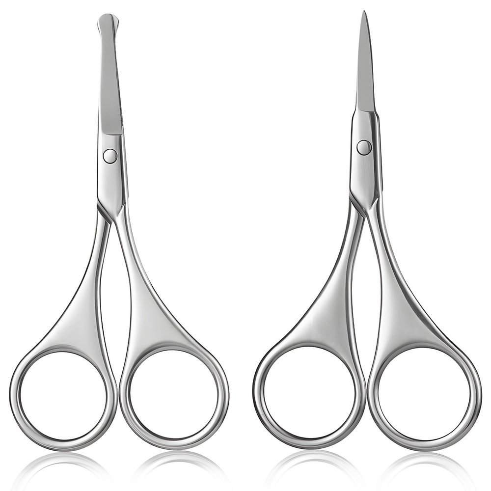 Kootinn 2 Pack Small Facial Hair Grooming Scissors for Men and Women - Eyebrow, Nose Hair, Moustache, Beard, Eyelashes, Ear Cutting Kit - Curved and Rounded Safety Tweezers