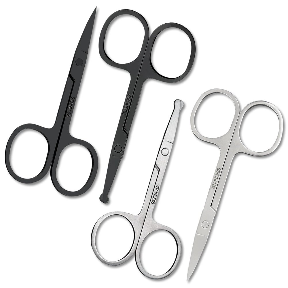 Curved and Rounded Facial Hair Scissors for Men and Women - Cutting Scissors for Mustache, Nose, Beard, Eyebrow, Eyelashes and Ears - Steel Cutting Scissors - 4 Pairs