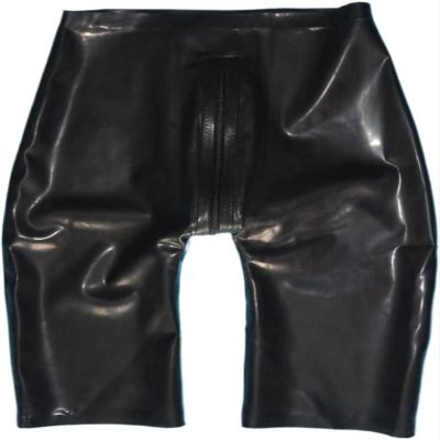 Handmade Men Rubber Trousers Latex Shorts for Men with Way Crotch Zippers Long Leg Pants,Black,Medium
