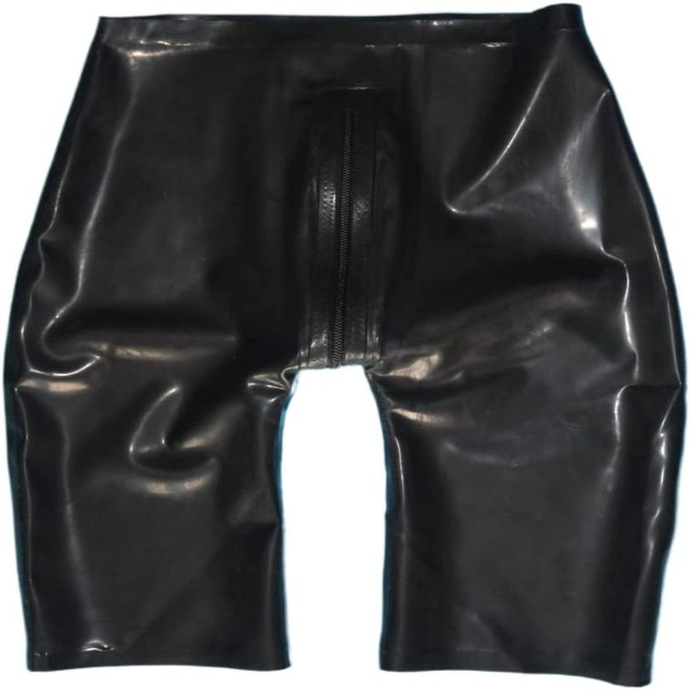 Handmade Men Rubber Trousers Latex Shorts for Men with Way Crotch Zippers Long Leg Pants,Black,Medium