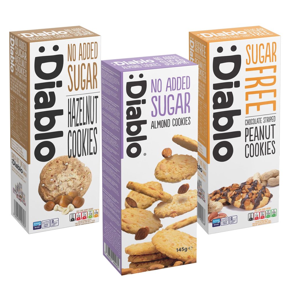 Diablo No Added Sugar Cookies  Mixed Flavours No Added Sugar Luxury Biscuits, Healthy Crunchy Snacks Gift Box for Adults, Kids and Families  Hazelnut, Almond, Peanuts, Pack of 3