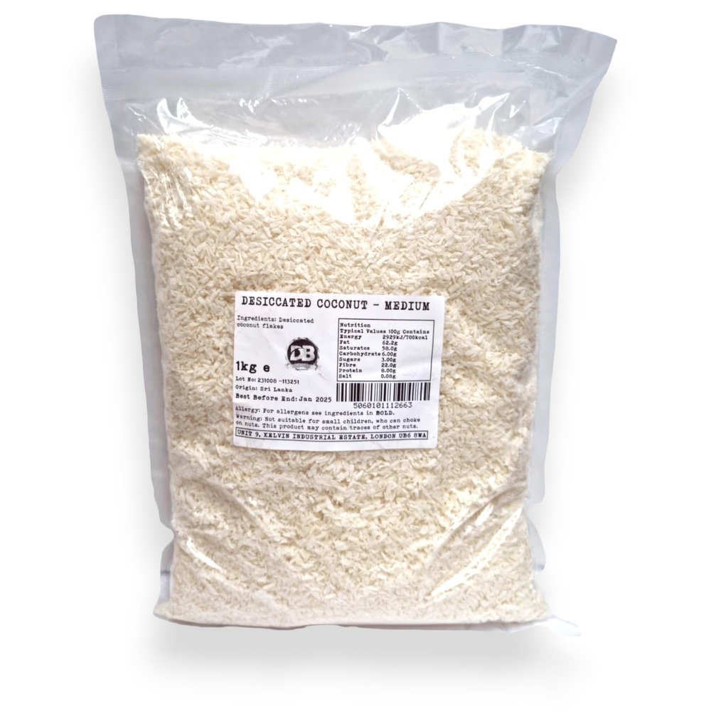 Desiccated Coconut (Medium) - 1kg | GMO FREE Coconut Fibre | Unsweetened Coconut Flakes | Shredded Dehydrated Coconut Flake | Perfect For Coconut Oil, Coconut Milk, Coconut Water Lovers
