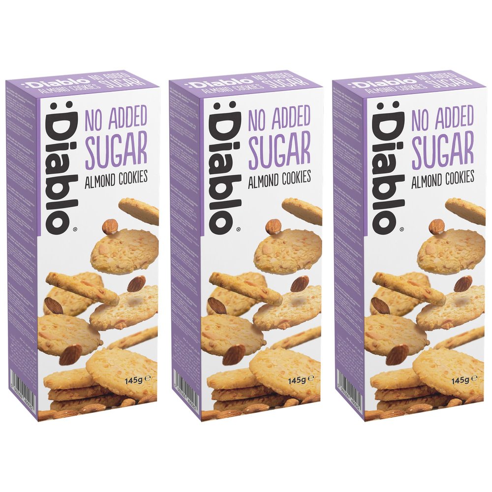 Diablo No Added Sugar Almond Cookies Low Sugar Snacks, Almond Biscuits Sweetened with Maltitol, Delicious Healthy Snacks, Christmas Cookie Gift Box, Crispy Sweet Treats for All, 145g Pack of 3