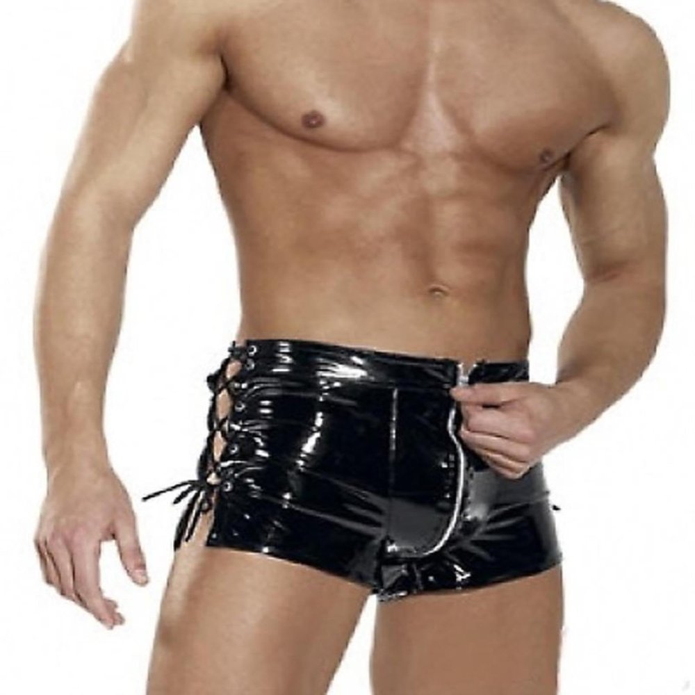 Men Sexy Wet Look PVC Vinyl Patent Leather Shiny Boxer Brief Lace Up Side shorts Pants Underwear Lingerie