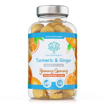 Turmeric Curcumin Gummies with Ginger - 120 Natural Orange Flavour Juicy Yummy Gummies  with a Huge 95% curcuminoids, Vegan & Gelatin Free  2 Month Supply for Men, Women & Children  Made in The UK