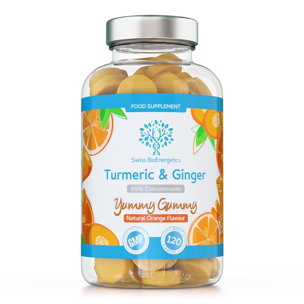 Turmeric Curcumin Gummies with Ginger - 120 Natural Orange Flavour Juicy Yummy Gummies with a Huge 95% curcuminoids, Vegan & Gelatin Free 2 Month Supply for Men, Women & Children Made in The UK