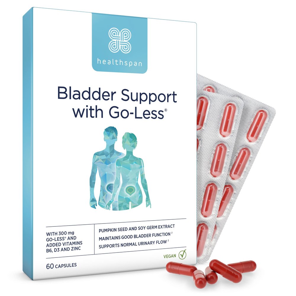 Healthspan Bladder Support with Go-Less | Supports Good Bladder Health & Urinary Flow | 300 mg Go-Less | Pumpkin Seed Extract & Soy Germ Extracts | Added Vitamin B6, D3 & Zinc | Vegan (60 Capsules)