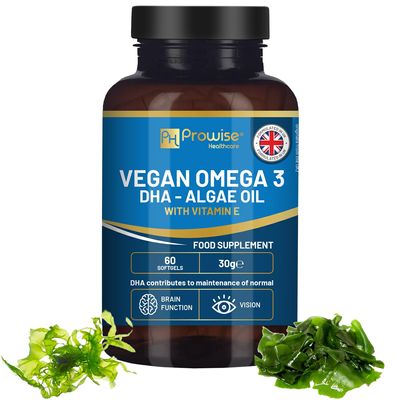 Prowise Vegan Omega-3 DHA from Algae Oil | 60 Softgels with Vitamin E | 400mg DHA + 10mg Vitamin E | 100% Plant-Based | Supports Brain and Eye Health | Pure & Sustainable Sourced