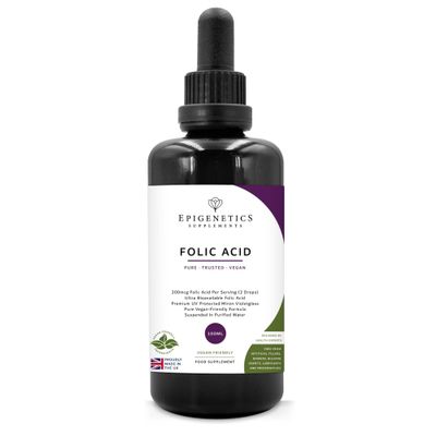Folic Acid High Strength Liquid Drops 100ml | 660 Servings, 100% Recommended Intake | Pure & Natural 200mcg | UK Made & Vegan Friendly | UV Protected Miron Violet Glass | 2 Drops Daily