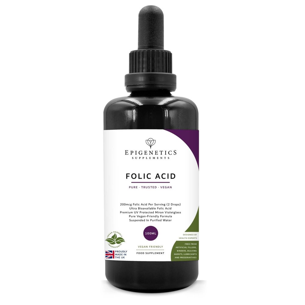 Folic Acid High Strength Liquid Drops 100ml | 660 Servings, 100% Recommended Intake | Pure & Natural 200mcg | UK Made & Vegan Friendly | UV Protected Miron Violet Glass | 2 Drops Daily