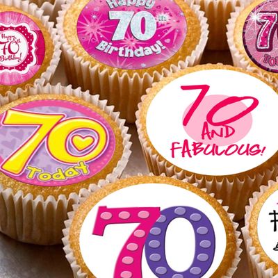 24 edible 70th birthday party pink Cupcake Cake Toppers Wafer Rice Paper precut decoration