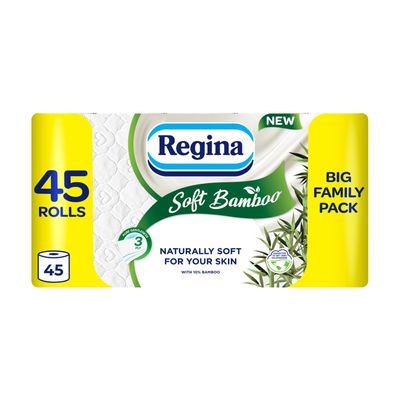 Regina Soft Bamboo - 45 Rolls of Toilet Tissue 3 Ply, 160 Sheets, Naturally Soft for your Skin, Toilet Tissue Made with Bamboo Fibers, Paper Packaging, FSC Certificated