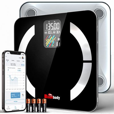 Bisonbody Smart Digital Bathroom Body Scale  Large Display Accurate Result  22 Metrics including Cardiac Index, Heart Rate, Body Fat, BMI  Tempered Glass  App Support Bluetooth with Free Batteries
