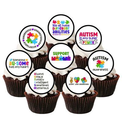 Autism Awareness Edible Cupcake Toppers Neurodiversity Support Celebration Cake Decorations, Jigsaw Theme Premium Thickness Wafer Card Discs 24 x 4cm/1.5 Inch PRECUT