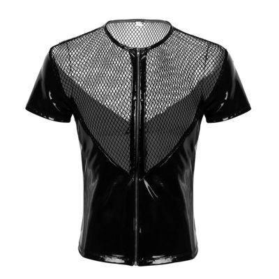 VOIV Leather Harness Mens Lingerie T-Shirt Shiny Latex Top Short Sleeves mesh Top Wet Look Leather Harness Crop Tops Coat