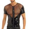 VOIV Leather Harness Mens Lingerie T-Shirt Shiny Latex Top Short Sleeves mesh Top Wet Look Leather Harness Crop Tops Coat view 3